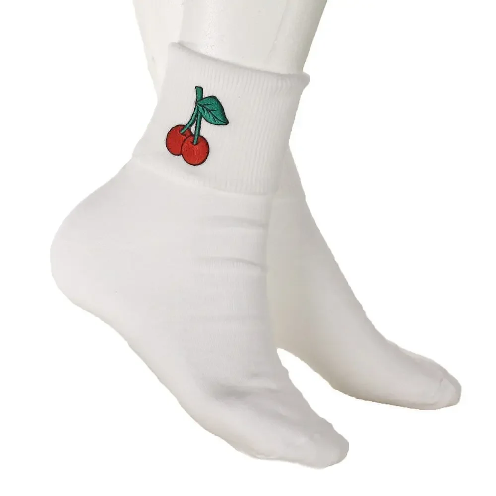 Cherry Bobby Socks Womens 9-11 Socks w Embroidered Appliques - Hey Viv